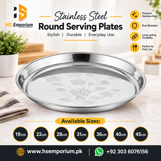 High Quality Stainless Steel Round Serving Plate & Tray with Elegant Floral Design Size  8" to 19" - Urban Style Stainless Steel Round Serving Plate &amp; Tray – Durable &amp; Easy to Clean | HS Emporium |