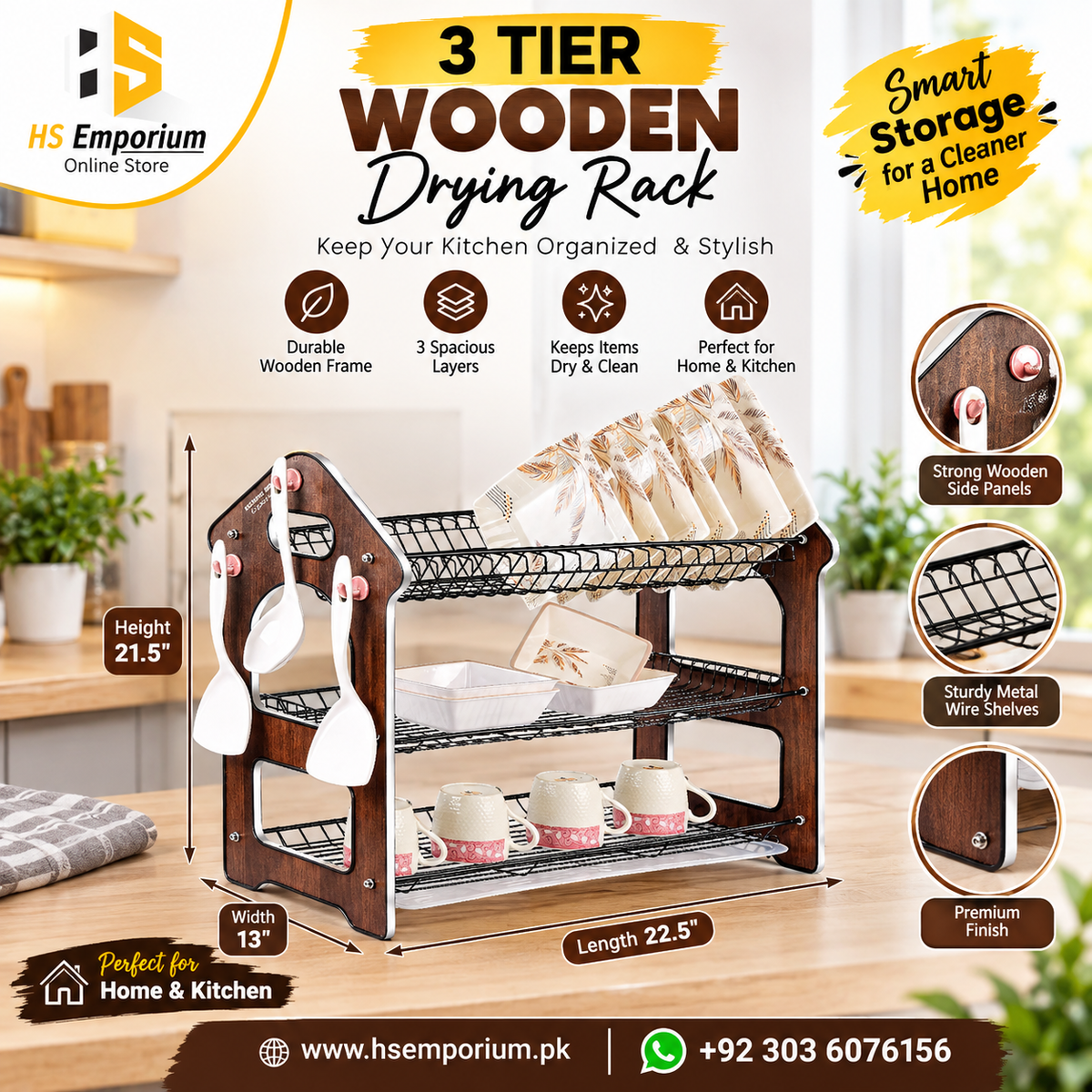 3 Tier Wooden Heavy Duty Dish Drying Rack