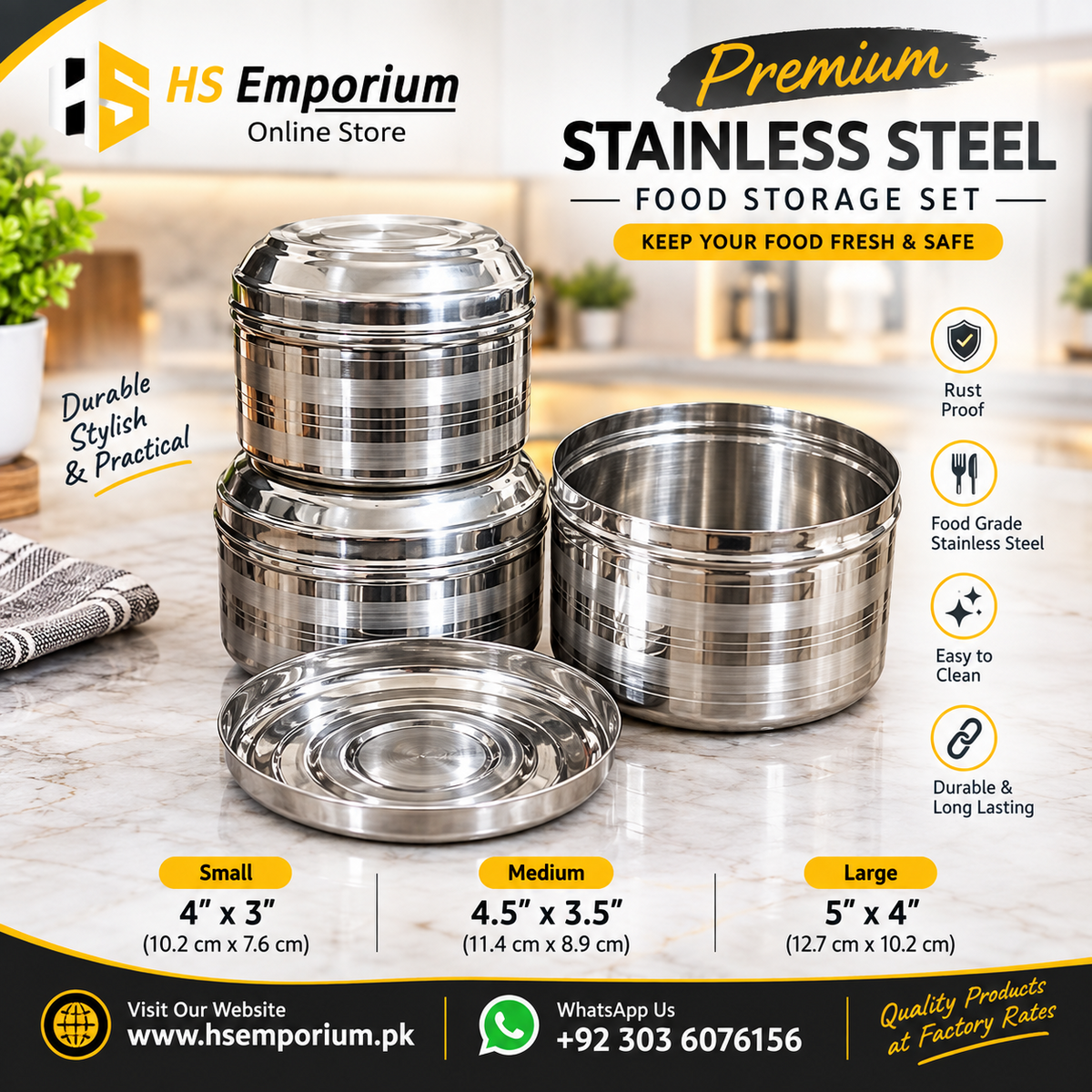 Premium Stainless Steel Food Storage Set – 3 Pcs | Durable & Rust Proof