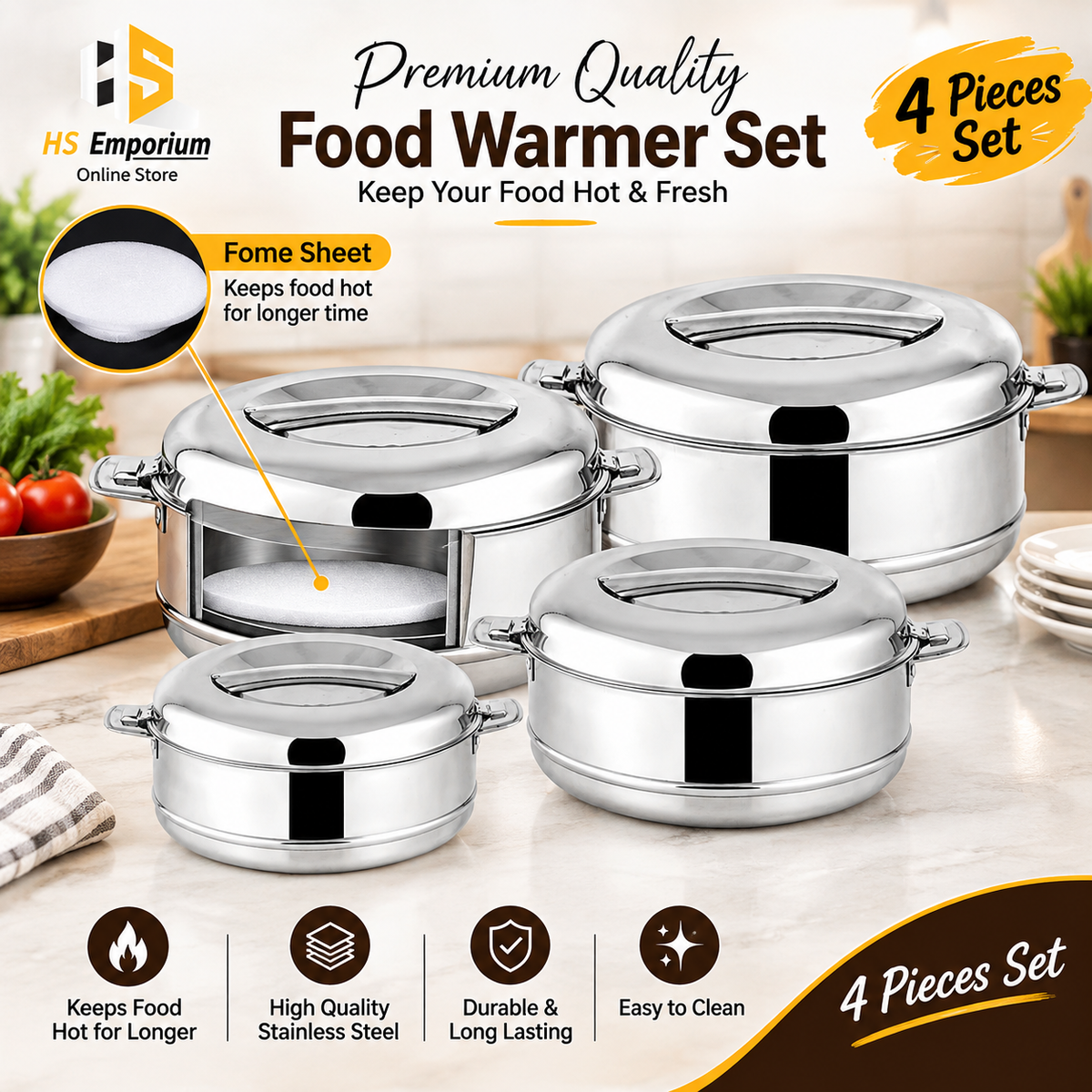 Stainless Steel Hot Pot 4 Pcs Set – Premium Food Warmer | Keeps Food Hot & Fresh for Hours | HS Emporium |