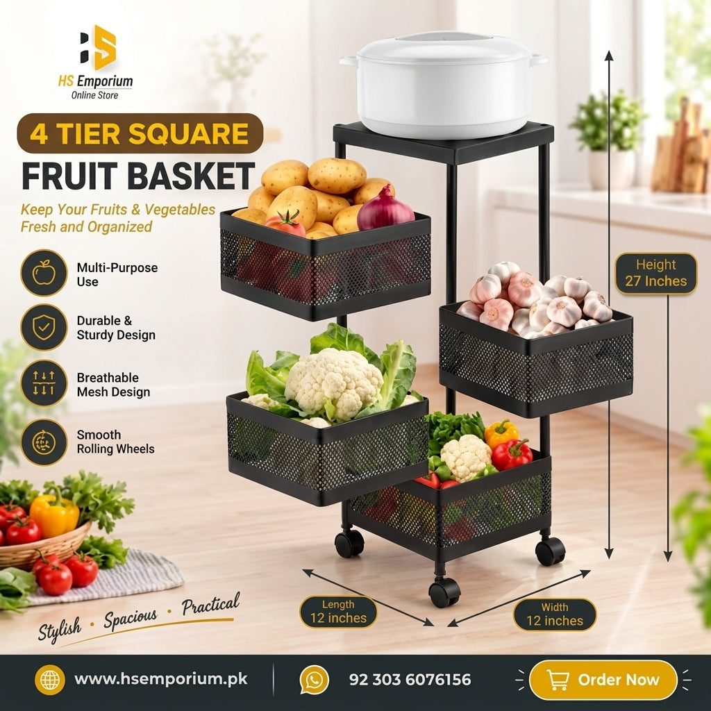 4 Tier Square Vegetable & Fruit Organizer Basket 360-Degree Rotating Moveable Rack for Kitchen Storage Baskets