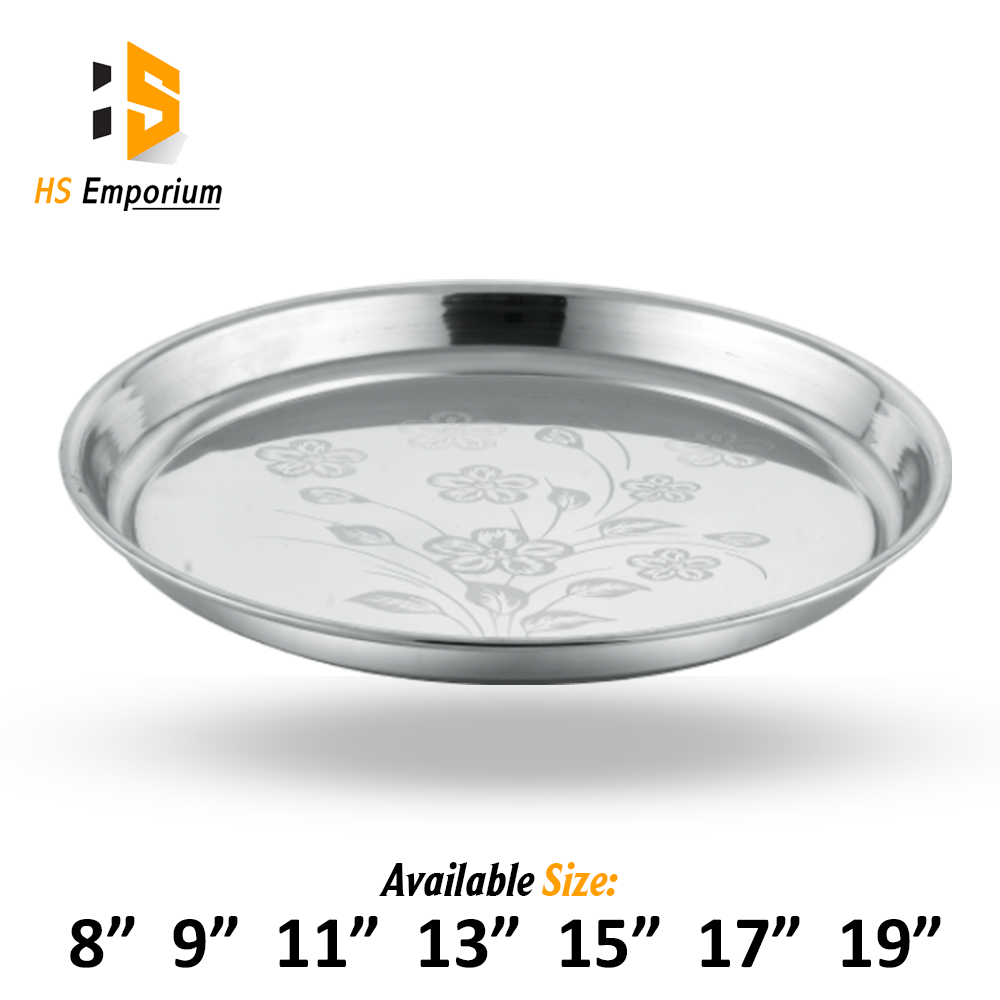 High Quality Stainless Steel Round Serving Plate & Tray with Elegant Floral Design Size  8" to 19" - Urban Style Stainless Steel Round Serving Plate &amp; Tray – Durable &amp; Easy to Clean | HS Emporium |
