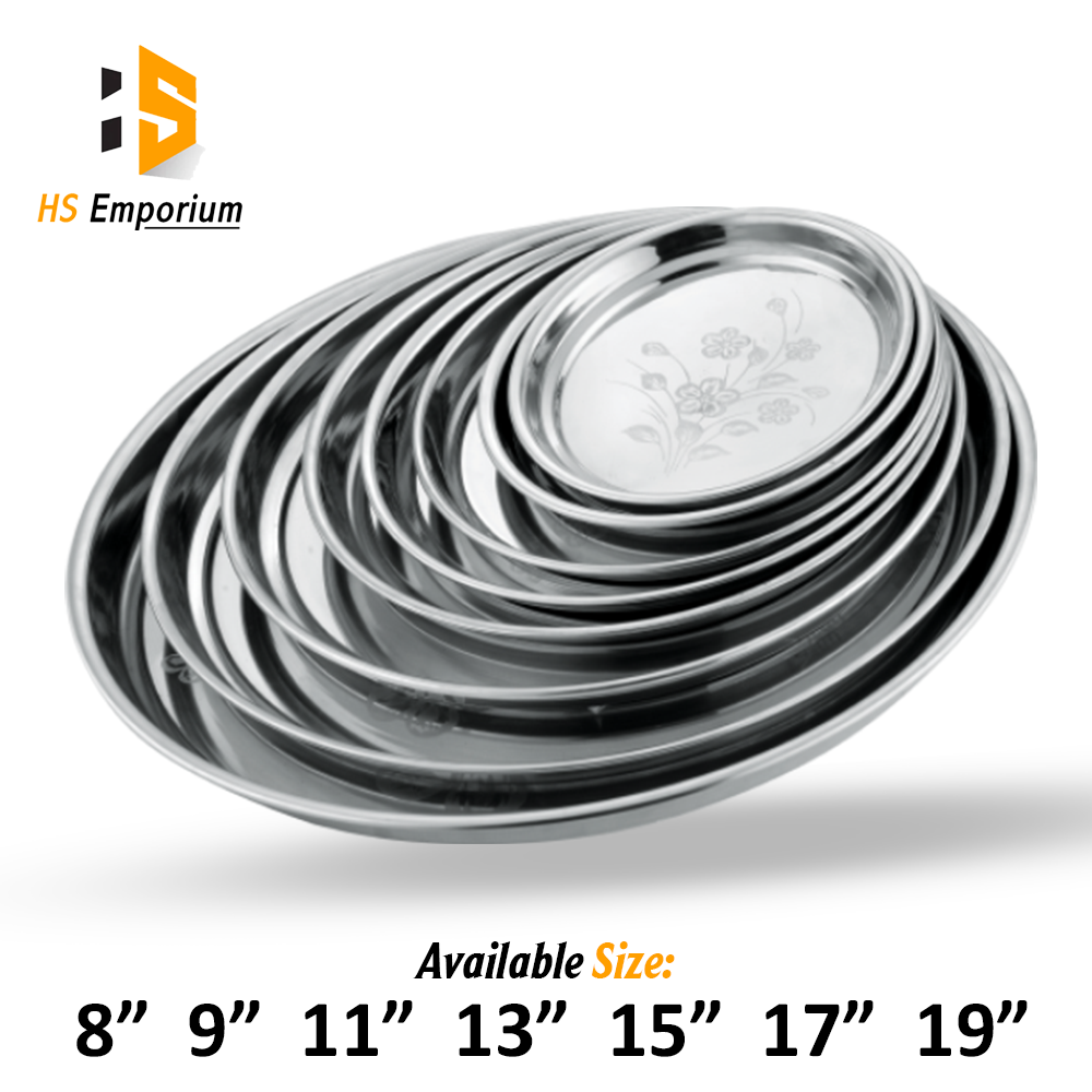 High Quality Stainless Steel Round Serving Plate & Tray with Elegant Floral Design Size  8" to 19" - Urban Style Stainless Steel Round Serving Plate &amp; Tray – Durable &amp; Easy to Clean | HS Emporium |