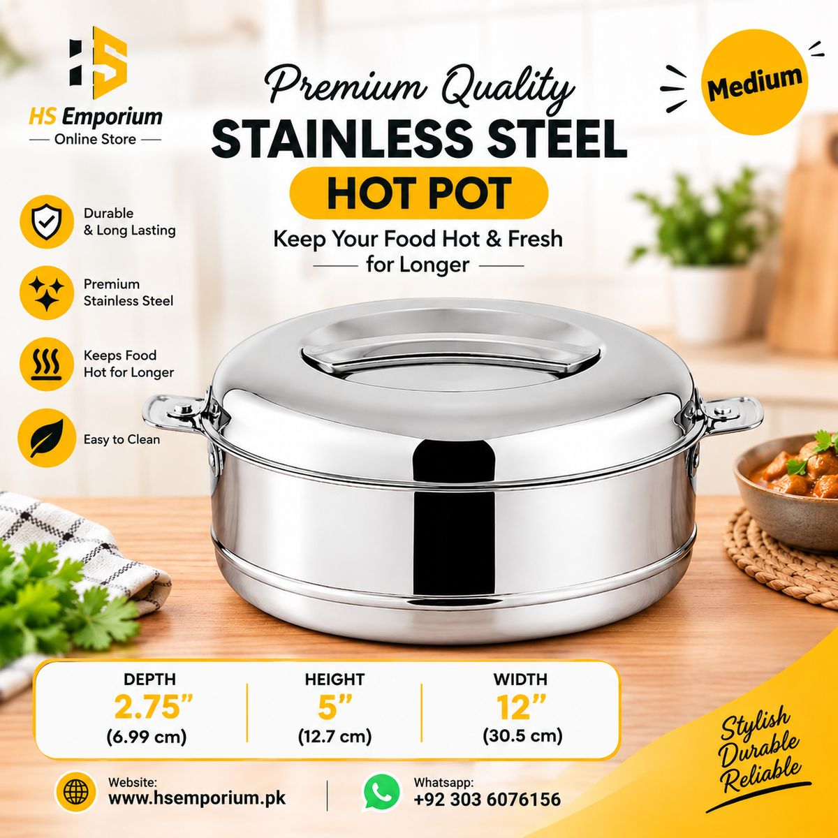 Stainless Steel Hot Pot 4 Pcs Set – Premium Food Warmer | Keeps Food Hot & Fresh for Hours | HS Emporium |