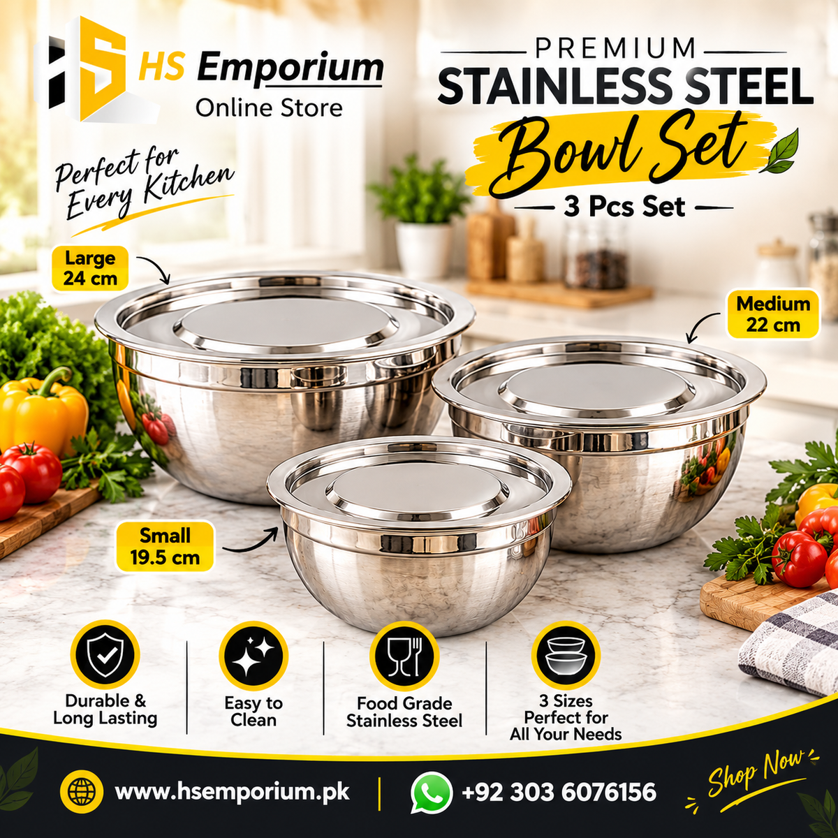 Stainless Steel Bowl 3 Pcs. Set with Lids – Premium Quality Mixing & Serving Bowls | HS Emporium |