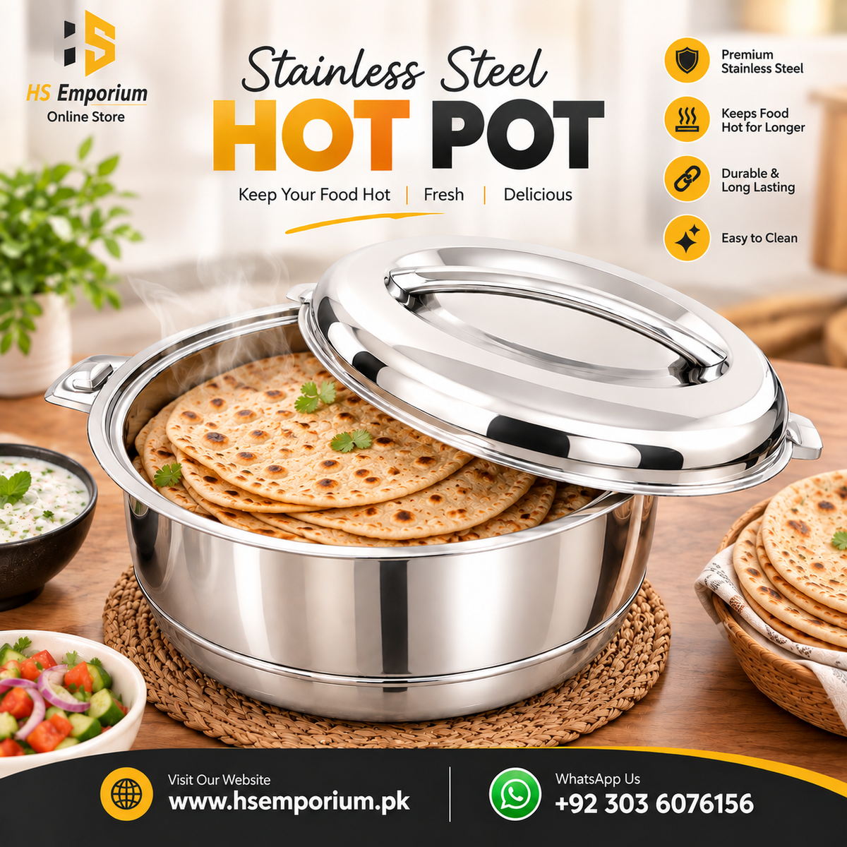 Stainless Steel Hot Pot 4 Pcs Set – Premium Food Warmer | Keeps Food Hot & Fresh for Hours | HS Emporium |