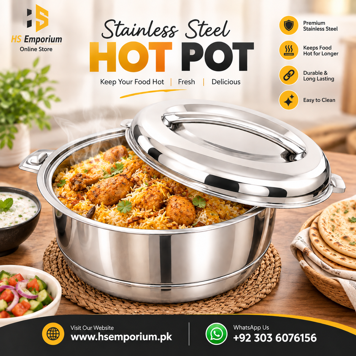 Stainless Steel Hot Pot 4 Pcs Set – Premium Food Warmer | Keeps Food Hot & Fresh for Hours | HS Emporium |