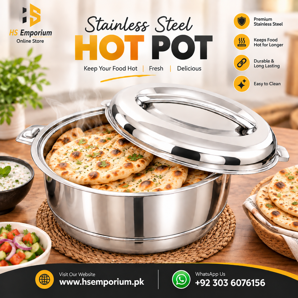Stainless Steel Hot Pot 4 Pcs Set – Premium Food Warmer | Keeps Food Hot & Fresh for Hours | HS Emporium |