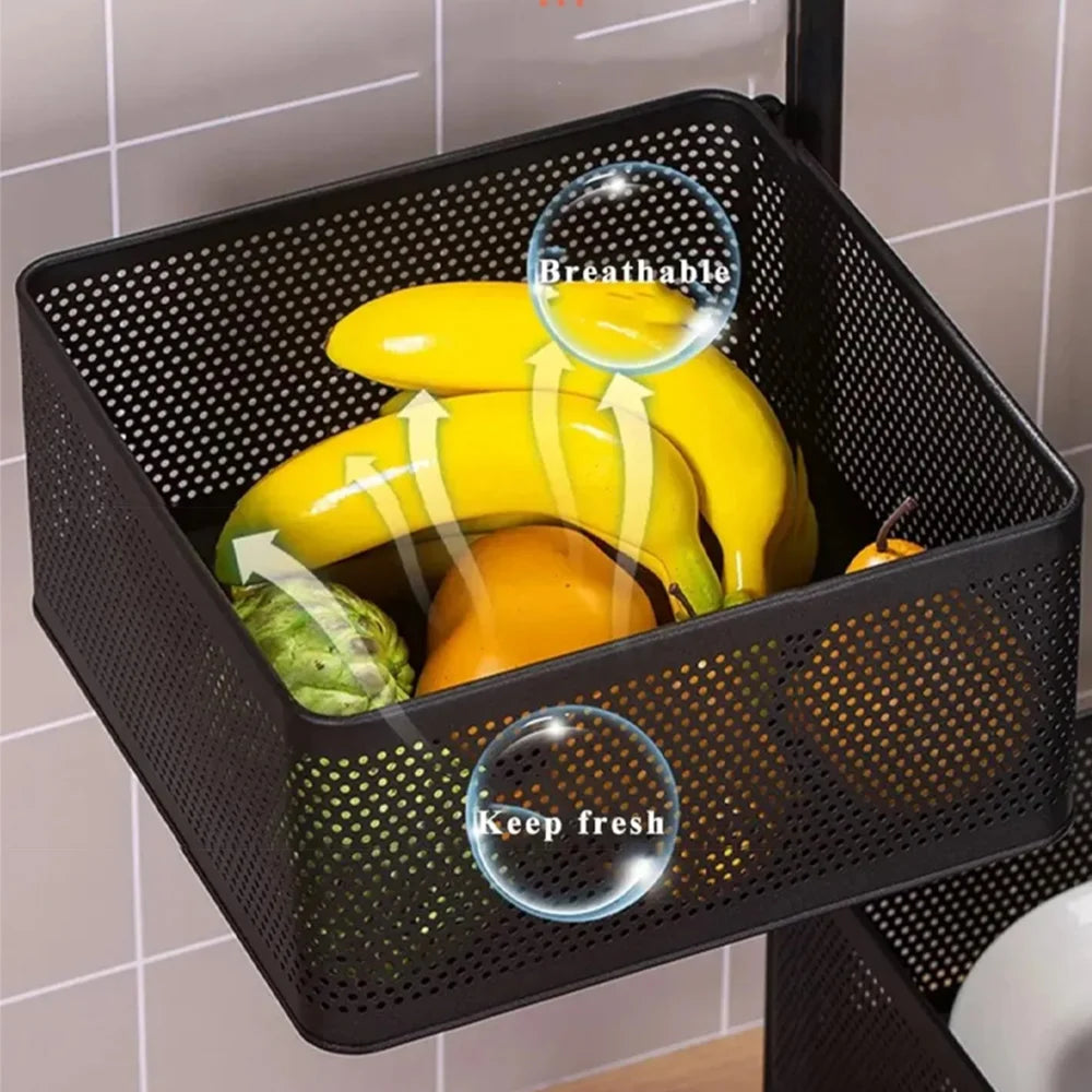 3 Tier Square Vegetable & Fruit Organizer Basket 360-Degree Rotating Moveable Rack for Kitchen Storage Baskets