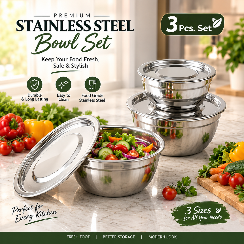 Stainless Steel Bowl 3 Pcs. Set with Lids – Premium Quality Mixing & Serving Bowls | HS Emporium |