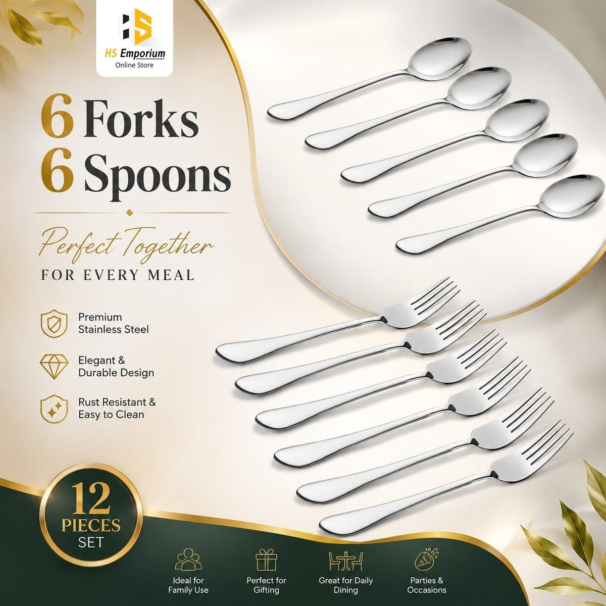 Premium Stainless Spoons & Fork  Pack of 12 - Spoons + Forks Set (6 Spoons + 6 Forks) Dinner Spoons + Forks – Rice Spoon – Stainless steel Table Spoons Khana Khany Waly | HS Emporium |