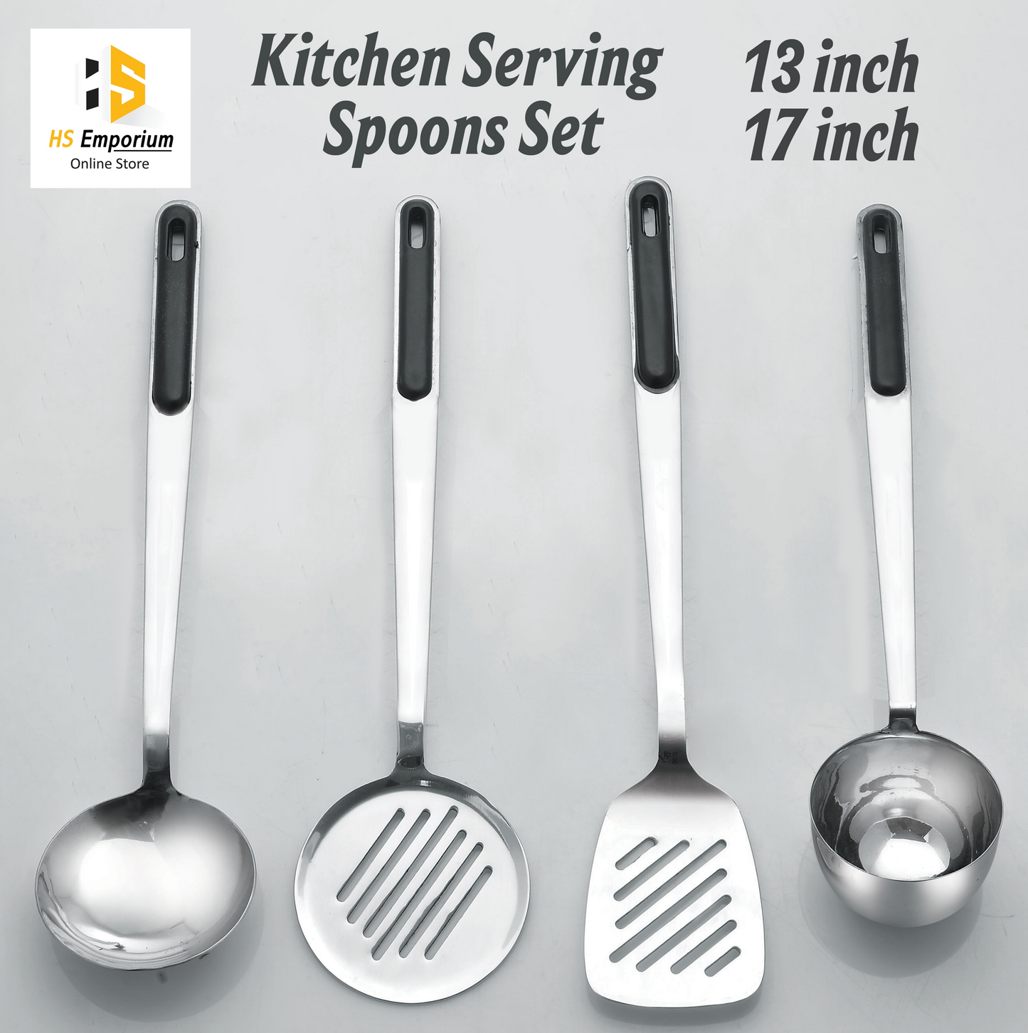 Premium Stainless Steel Kitchen Utensil Set – 4 Pieces Cooking Spoon, Skimmer, Turner & Ladle, Size 13" & 17" Serving Spoons by HS Emporium
