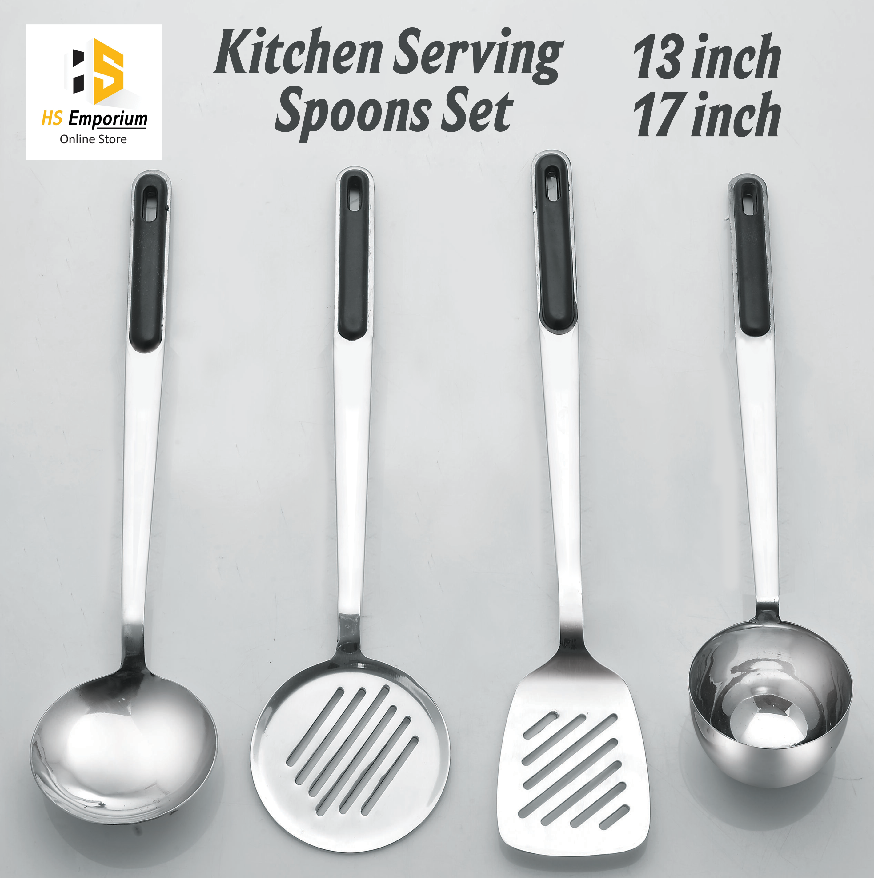 Premium Stainless Steel Kitchen Utensil Set – 4 Pieces Cooking Spoon, Skimmer, Turner & Ladle, Size 13" & 17" Serving Spoons by HS Emporium