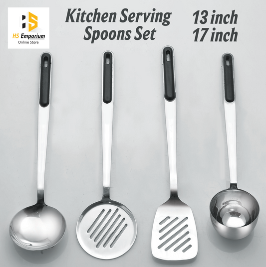 Premium Stainless Steel Kitchen Utensil Set – 4 Pieces Cooking Spoon, Skimmer, Turner & Ladle, Size 13" & 17" Serving Spoons by HS Emporium