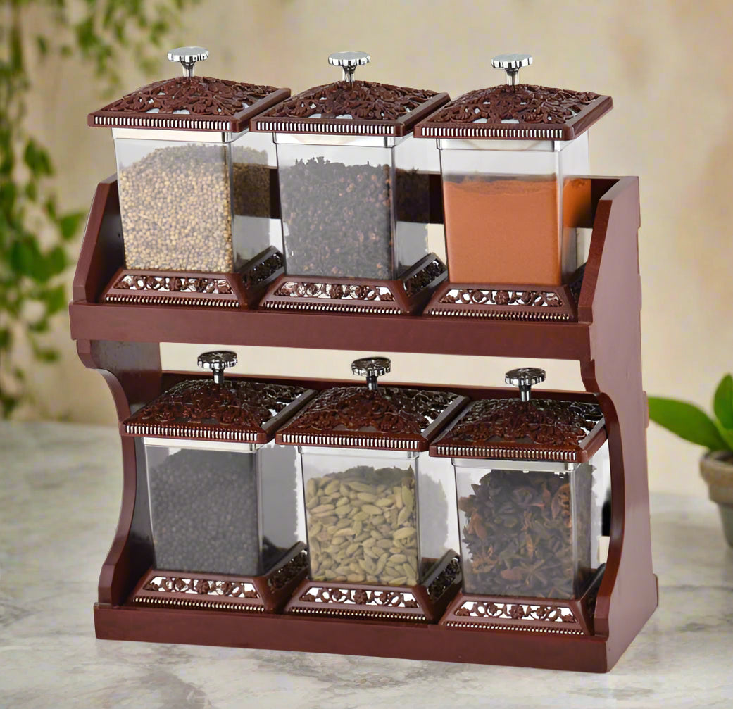 6-Piece Crystal Spice Jar Set with Brown Decorative Rack – Airtight Masala Box | Kitchen Storage Containers with Antique Gold & Black Design | HS Emporium |