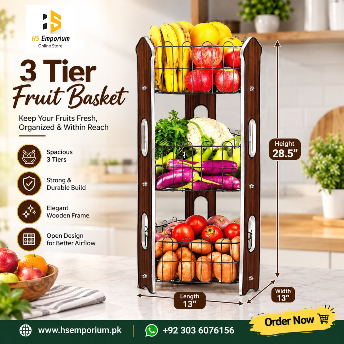 3 Tier Fruit Basket | Premium Laminated Wood Board With Matte Black Wire