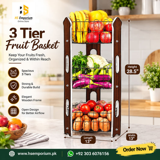 3 Tier Fruit Basket | Premium Laminated Wood Board With Matte Black Wire