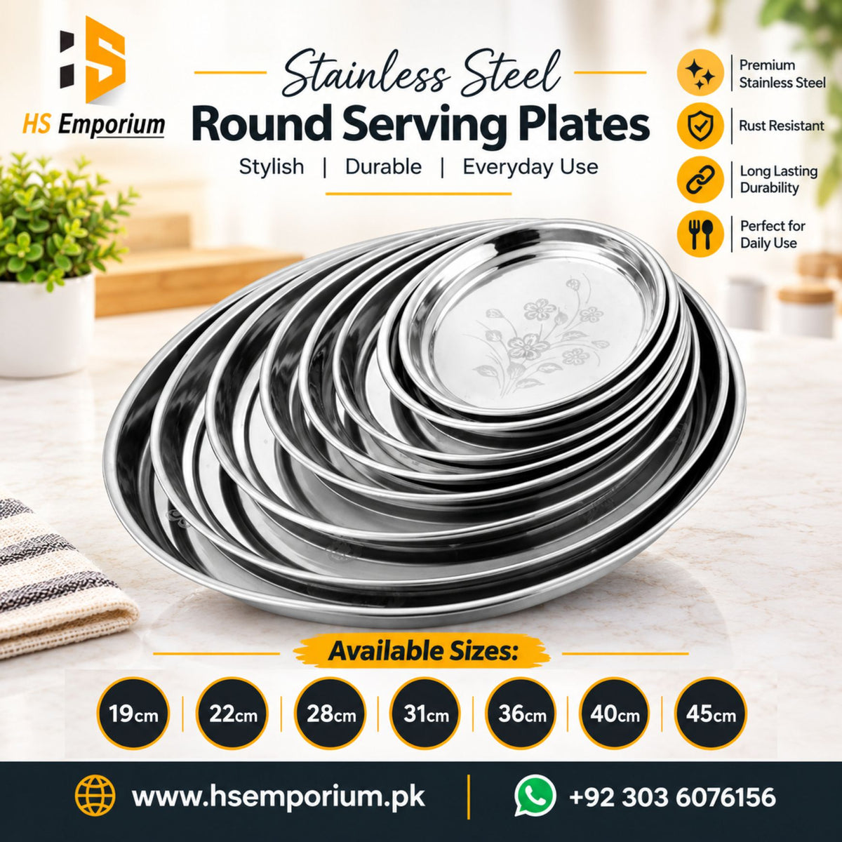 High Quality Stainless Steel Round Serving Plate & Tray with Elegant Floral Design Size  8" to 19" - Urban Style Stainless Steel Round Serving Plate &amp; Tray – Durable &amp; Easy to Clean | HS Emporium |