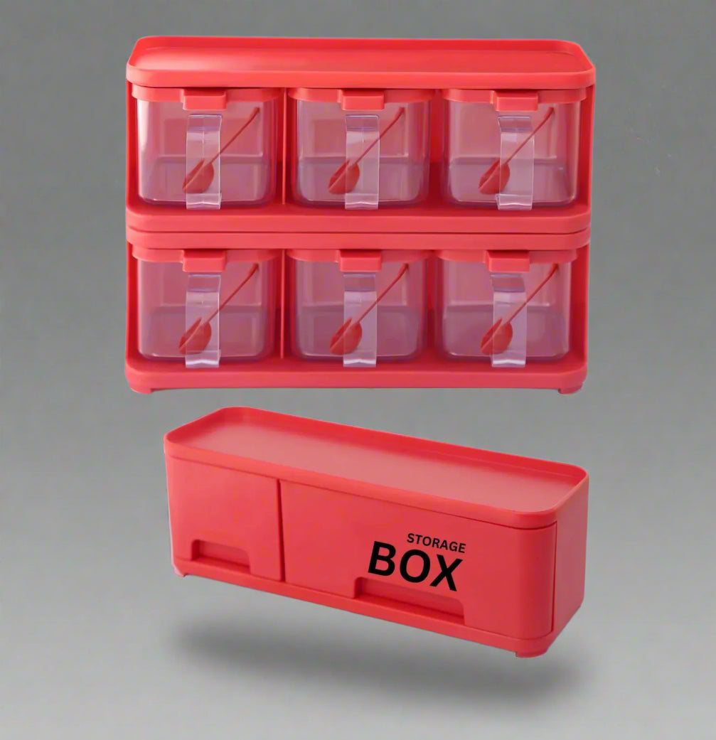 Plastic Spice Rack with 6 jars & 2 Storage Boxes