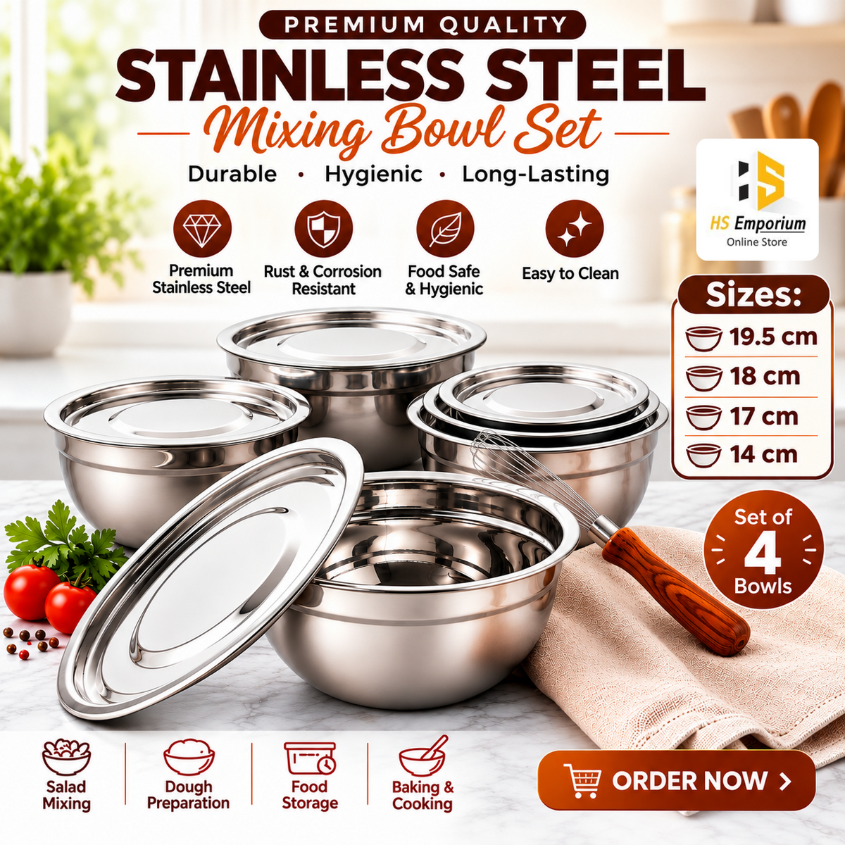 Stainless Steel Bowl 4 Pcs. Set with Lids – Premium Quality Mixing & Serving Bowls | HS Emporium |