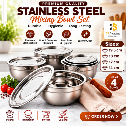 Stainless Steel Bowl 4 Pcs. Set with Lids – Premium Quality Mixing & Serving Bowls | HS Emporium |