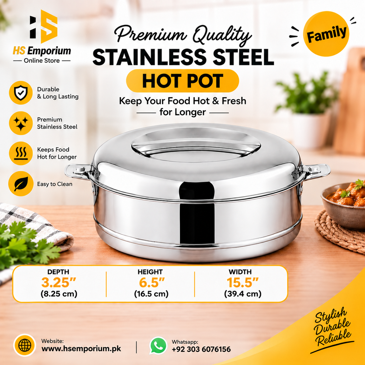 Stainless Steel Hot Pot 4 Pcs Set – Premium Food Warmer | Keeps Food Hot & Fresh for Hours | HS Emporium |
