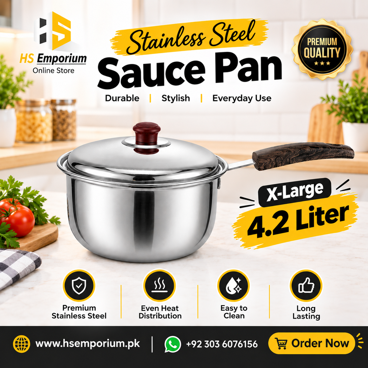 Stainless Steel Sauce Pan – X-Large 4.2 Liter | Premium Quality